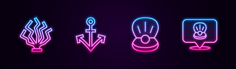 Set line Coral, Anchor, Pearl and Scallop sea shell. Glowing neon icon. Vector