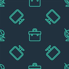 Set line Briefcase, Computer monitor and Earth globe on seamless pattern. Vector