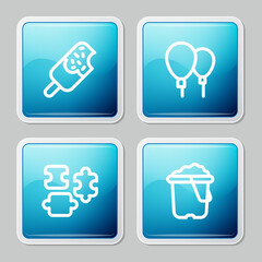 Set line Ice cream, Balloons, Puzzle pieces toy and Sand in bucket icon. Vector