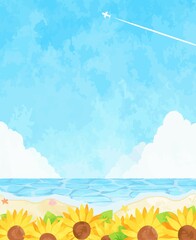 Fototapeta na wymiar 爽やかな夏の海とひまわりの風景イラスト