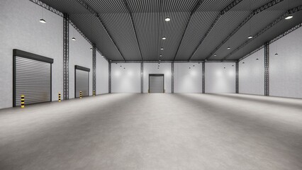 Warehouse or industry building interior.  industrial building empty space. Modern interior design with polished concrete floor and empty space for product display, industry background. 3d render.