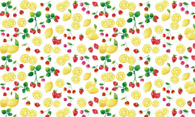 水彩タッチ　イチゴとレモンとサクランボパターン