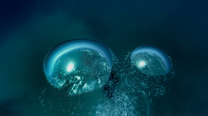 Artistic underwater photography of air bubbles going up to the surface