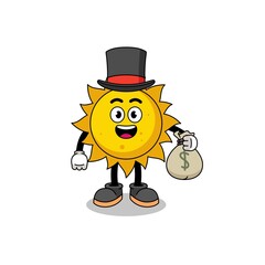 sun mascot illustration rich man holding a money sack