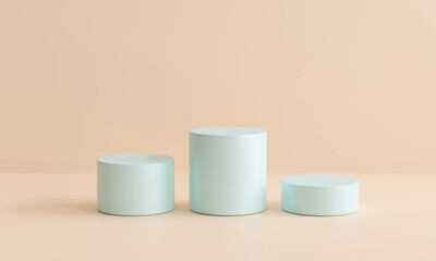 Platforms green yellow pastel. Minimal scene with three podiums. Abstract geometric circle background. for trade show Cute, baby accessories, fashion, cosmetics or beauty products. 3D rendering 