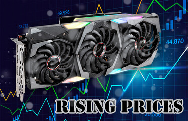 Video card, graphics processor with energy efficiency graph, 3D rendering on graph background