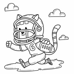 cartoon cat american football coloring book. Isolated on white background.