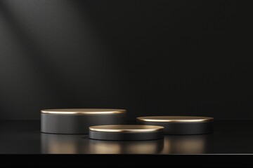 Black podium for product display on black background. 3D rendering.