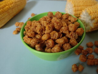 Homemde Jagung marning (Indonesia) or Corn nuts, also known as toasted corn, quico, or Cracker are a snack food made of roasted or deep-fried corn kernels.