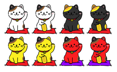 つぶらな瞳の招き猫イラストのセット