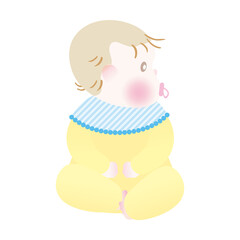 カバーオールを着た横を向く赤ちゃん