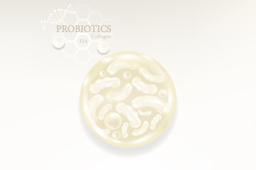 Probiotic and Hyaluronic acid skin solutions ad, white collagen and vitamin serum drop with cosmetic advertising background ready to use, illustration vector.