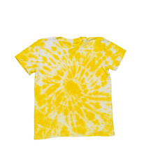 T-shirt painted in tie dye style in yellow and white colors isolated on a white background. Flat lay.