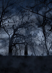 暗い森の中に立つ女の子の幽霊　青