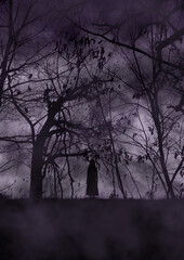 暗い森の中に立つ女の子の幽霊　紫