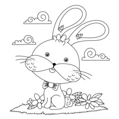 Cute little rabbit. Vector black and white illustration in cartoon style. Contour on a white background. Summer coloring book for kids. Hand drawing.