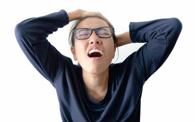 A woman has a headache she is sick And she was showing anger and fury on her face.