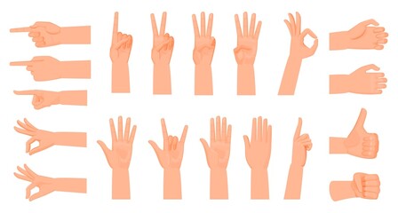 Hand gestures. Counting to five on fingers, cartoon flat style. Sign language