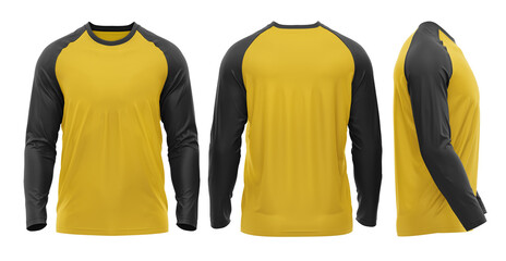 YELLOW BLACK Long-sleeve Raglan sleeve T-shirt mockup 3d rendering, 3d illustration