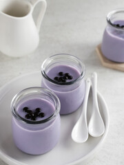 Silky pudding topped with chocochips. Served in a jar with a white background. Very fresh and healthy
