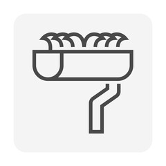 Rain gutter or eavestrough dirty vector icon. To clogged, blocked, full with moss, grass and leaf or leaves. Need maintenance, services, repair and cleanup for water drainage of roof home or house.
