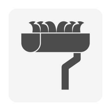 Rain Gutter Or Eavestrough Dirty Vector Icon. To Clogged, Blocked, Full With Moss, Grass And Leaf Or Leaves. Need Maintenance, Services, Repair And Cleanup For Water Drainage Of Roof Home Or House.
