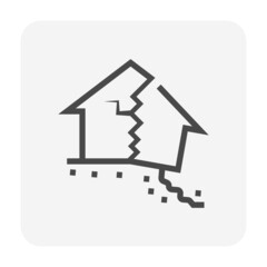 House building and ground collapse vector icon. Include debris, rubble, concrete crack, damage broken home. To destroy, destruction from natural disaster i.e. landslide, subsidence of soil, earthquake - obrazy, fototapety, plakaty
