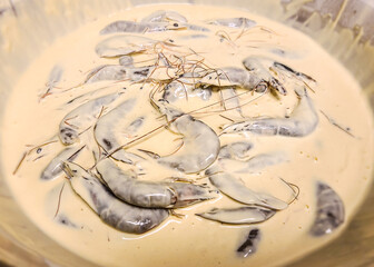 Food Preparing : Fresh Shrimp  in batter prepare for deep fried tempura