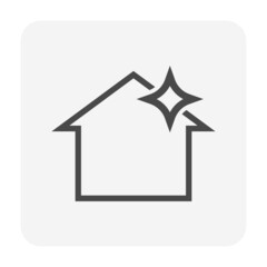 Roof and house building exterior new clean vector icon. Concept to wash services, cleanup by professional business to remove moss, dirty, leaves, leaf fall, debris, lichen. Good drain to rain gutter.
