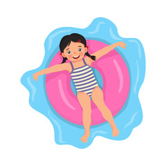 happy cute little girl with swimsuit lying on inflatable rubber ring having fun floating in swimming pool on summer time