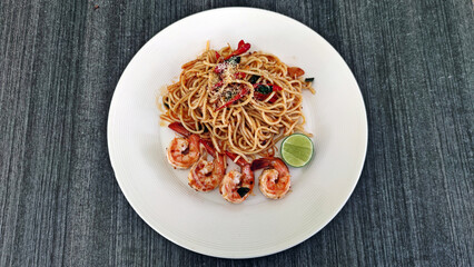 Tom Yum Kung Spaghetti. Fusion dish between Italian and Thai food.