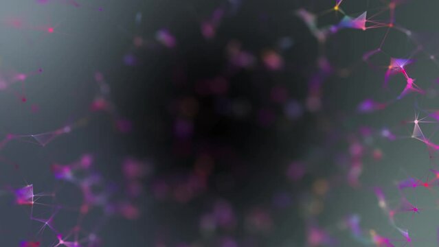 Fragments of a colored geometric structure quickly rotate on a gray background. Interaction. The Bokeh effect. Seamless loop.