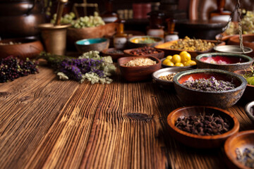 Natural medicine background. Assorted dry herbs in bowls and brass mortar on rustic wooden table.