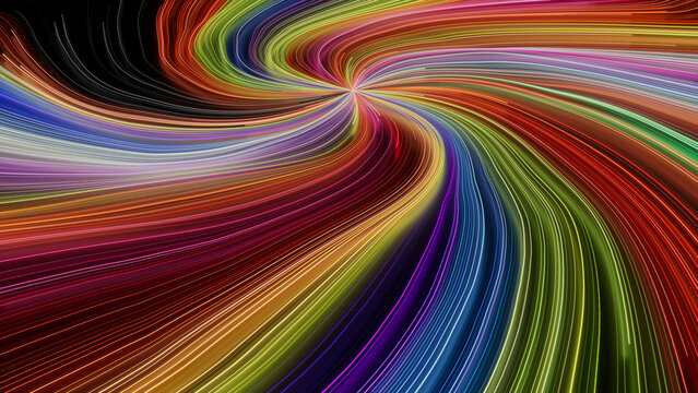 Orange, Pink and Green Colored Stripes form Wavy Neon Lights Background. 3D Render.