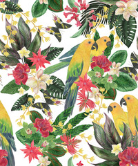 Watercolor paintin seamless pattern with yellow cute parrots - 504069880