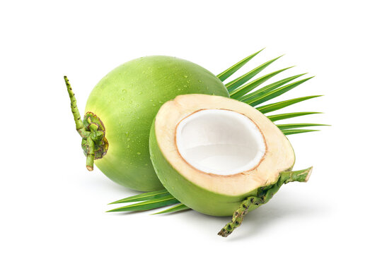 Coconut juice in half fruit isolated on white background.