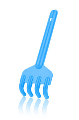 Blue plastic rake isolated on a white background, with reflection, close-up. Children's toys for playing in the sandbox. Games for early child development