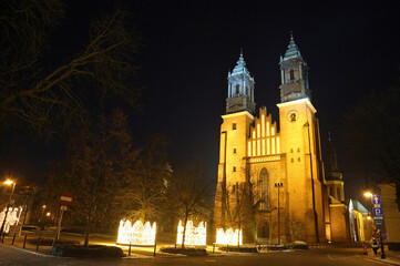 Fototapeta na wymiar Landscape with Poznan cathedral at night - Poznan, Poland