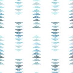 Fototapeta na wymiar Indigo hand painted triangles background. Watercolor hand drawn seamless pattern with illustration of blue triangles isolated on white background.