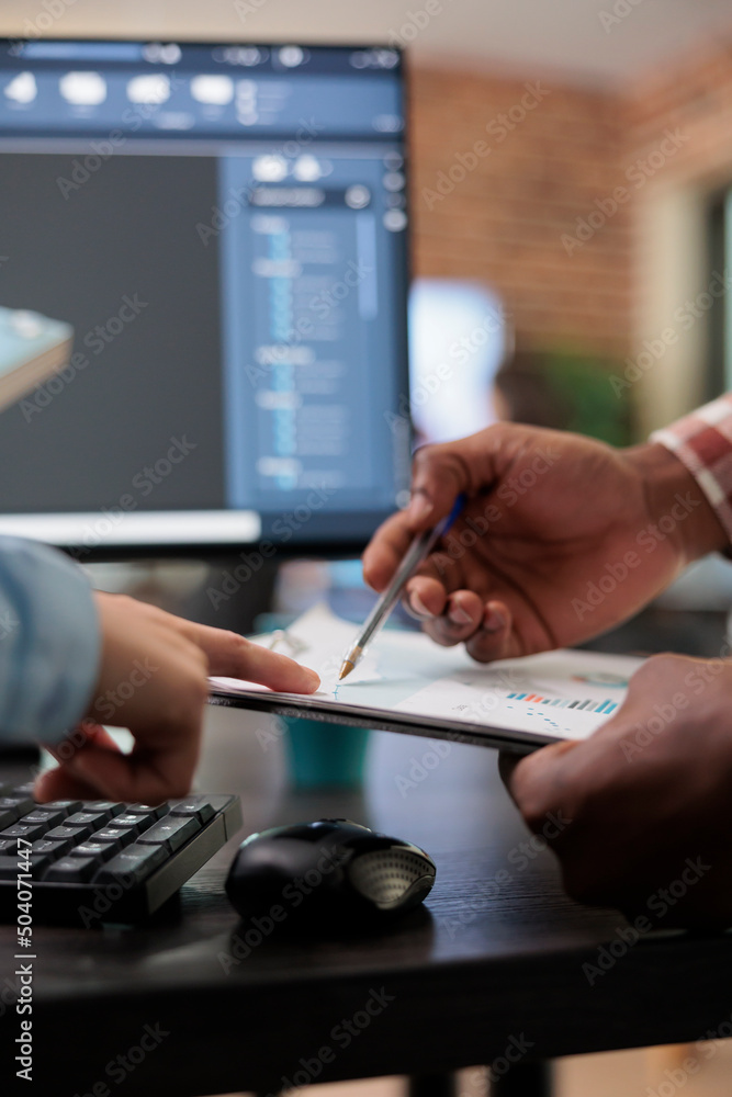 Poster close up of 3d digital artists reviewing sketch scene plan and simulated render times, creative indu