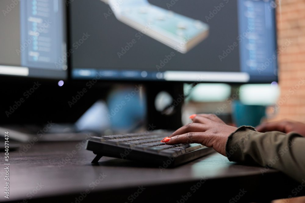 Poster close up of production department team leader working in cad to create prototype mesh. creative prof