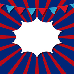 Obraz premium blank white speech bubble on red and blue sunburst background with colorful bunting flag for website banner and festive graphic design