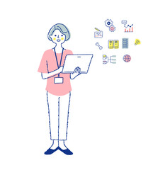 SE /ノートパソコンを持っている女性とwebシステムイメージのアイコン