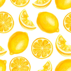 Juicy lemons seamless pattern. Bright summer design in a watercolor style.