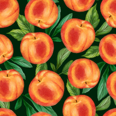 Juicy peaches seamless pattern. Bright summer design in a watercolor style.
