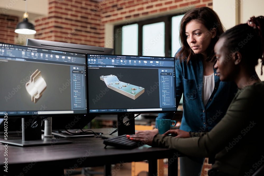 Poster 3d graphic artists sketching mechanical asset using advanced software technology. modeling expert op