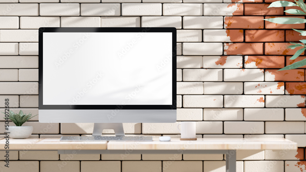Poster empty desktop computer with decoration and space for banner and logo. mock-up minimal idea concept, 