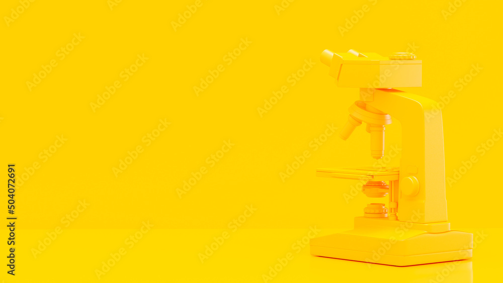 Poster yellow microscope in yellow lab. space for banner and logo. minimal and laboratory background concep