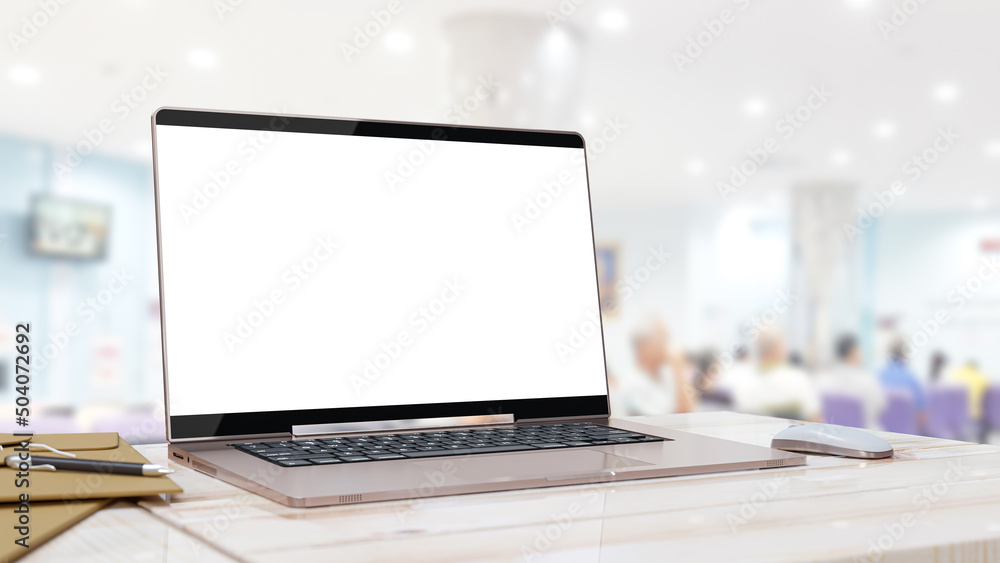Poster laptop mock-up empty screen on the service counter with blurred background. 3d render.