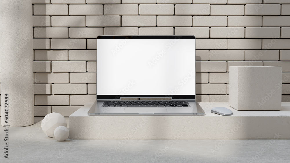 Poster laptop mock-up empty screen front white brick wall. shadow of tree and window. decorate minimalist s
